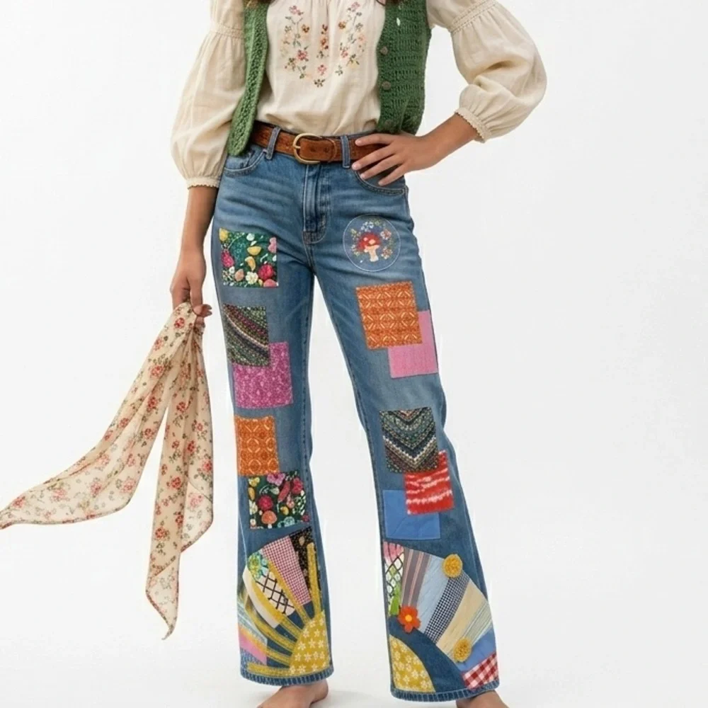 NWOT Lauren Ralph Lauren Colorful Patchwork Flare Jeans - Picture 8 of 8